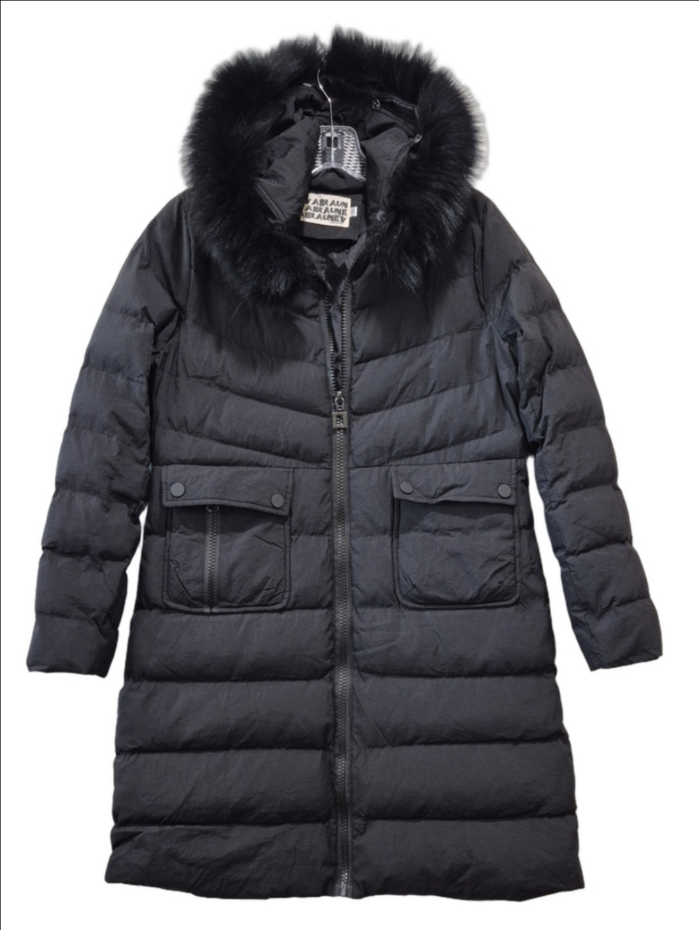 EVA BRAUN Black Mid-Length Puffer Coat Fur Hood Size LL / F